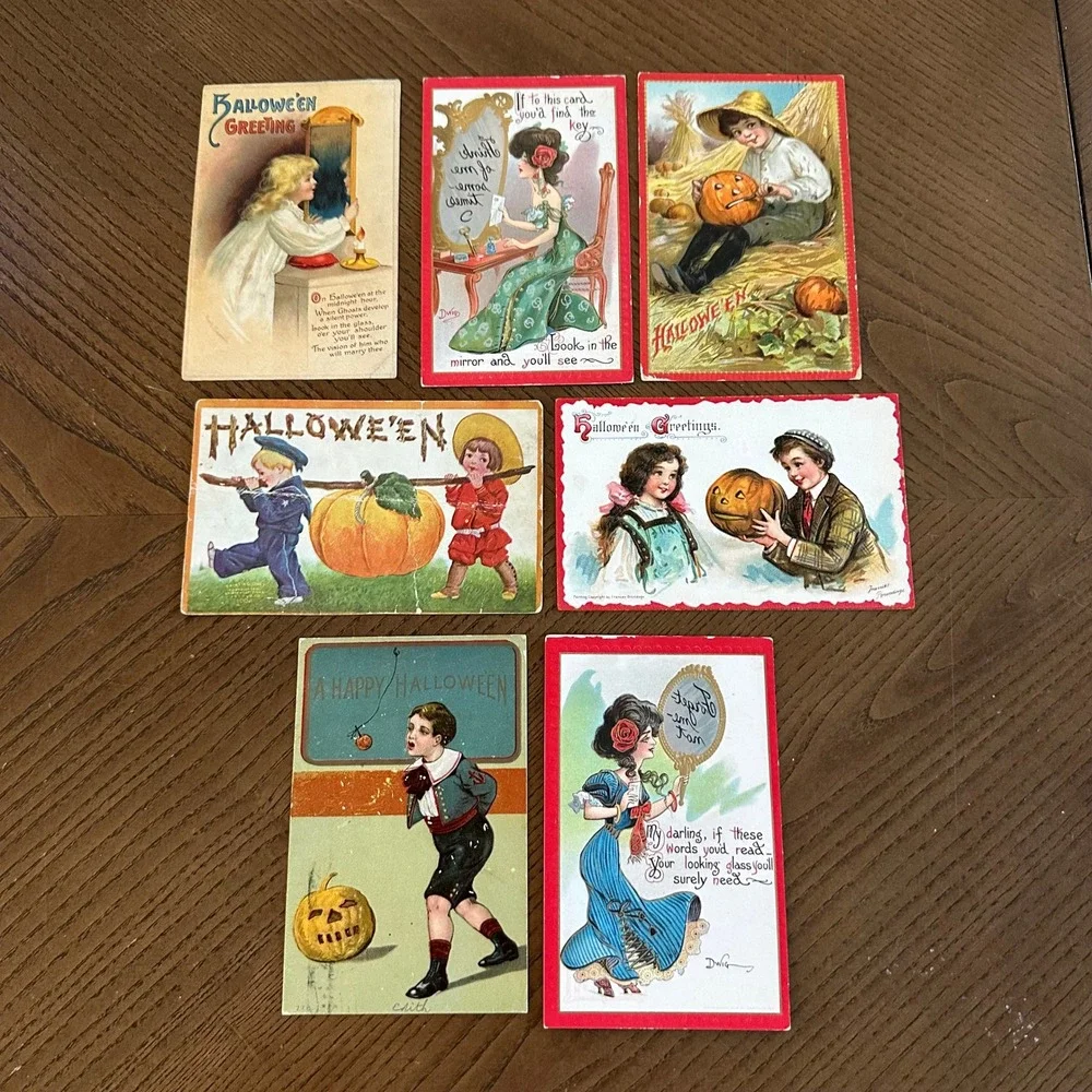 Vintage Halloween Postcard Lot of 7 Antique Tuck Germany Embossed Victorian Kids